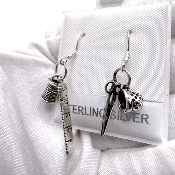 Sale $16 Firm! .925 Sterling Silver Ruler, Spool, Scissors and Thimble Earrings - Picture 9 of 11
